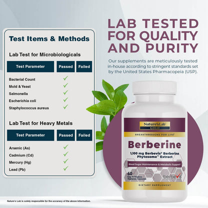 Berberine phytosome bottle with lab test results for quality and purity