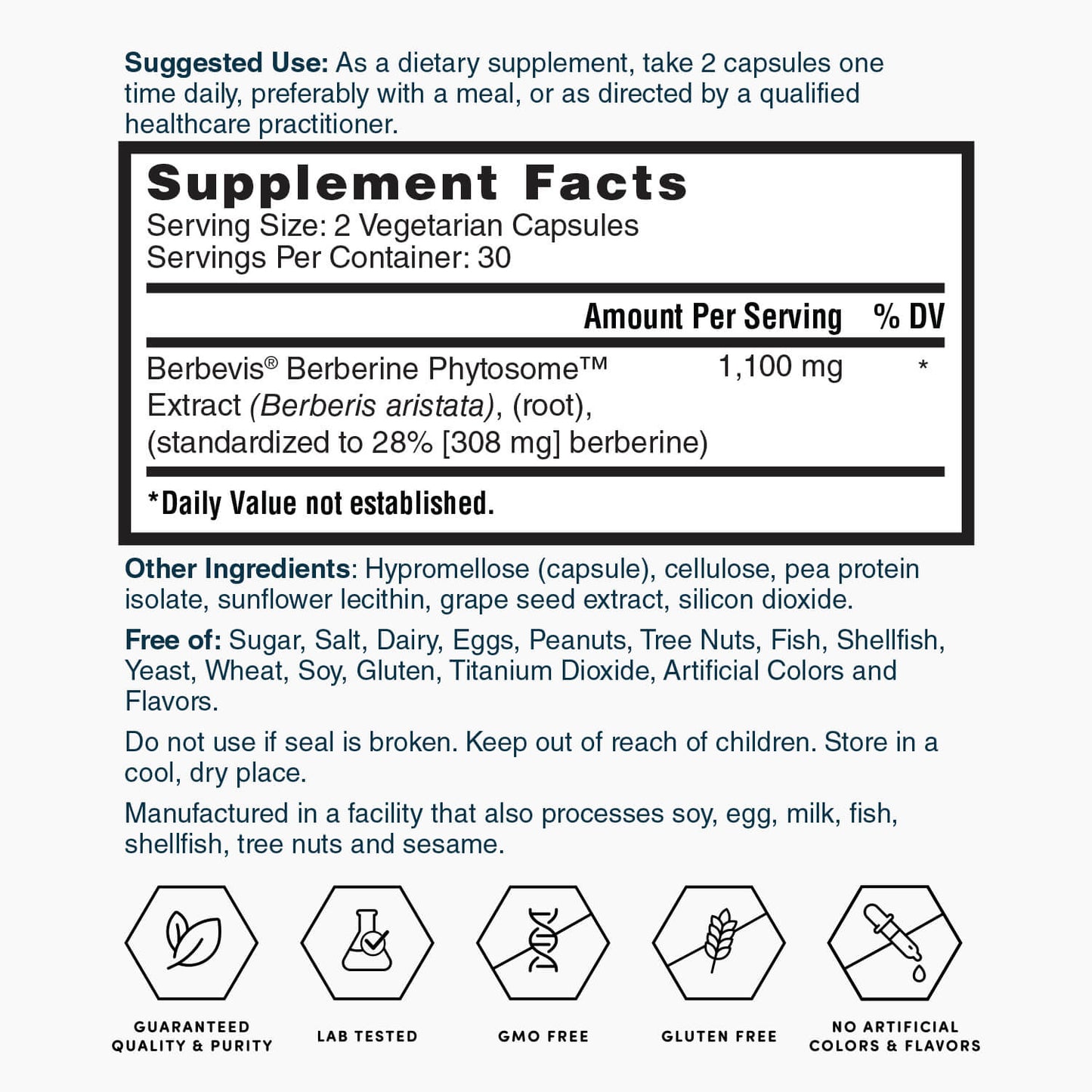 Supplement Facts panel for berberine phytosome capsules, serving size 2