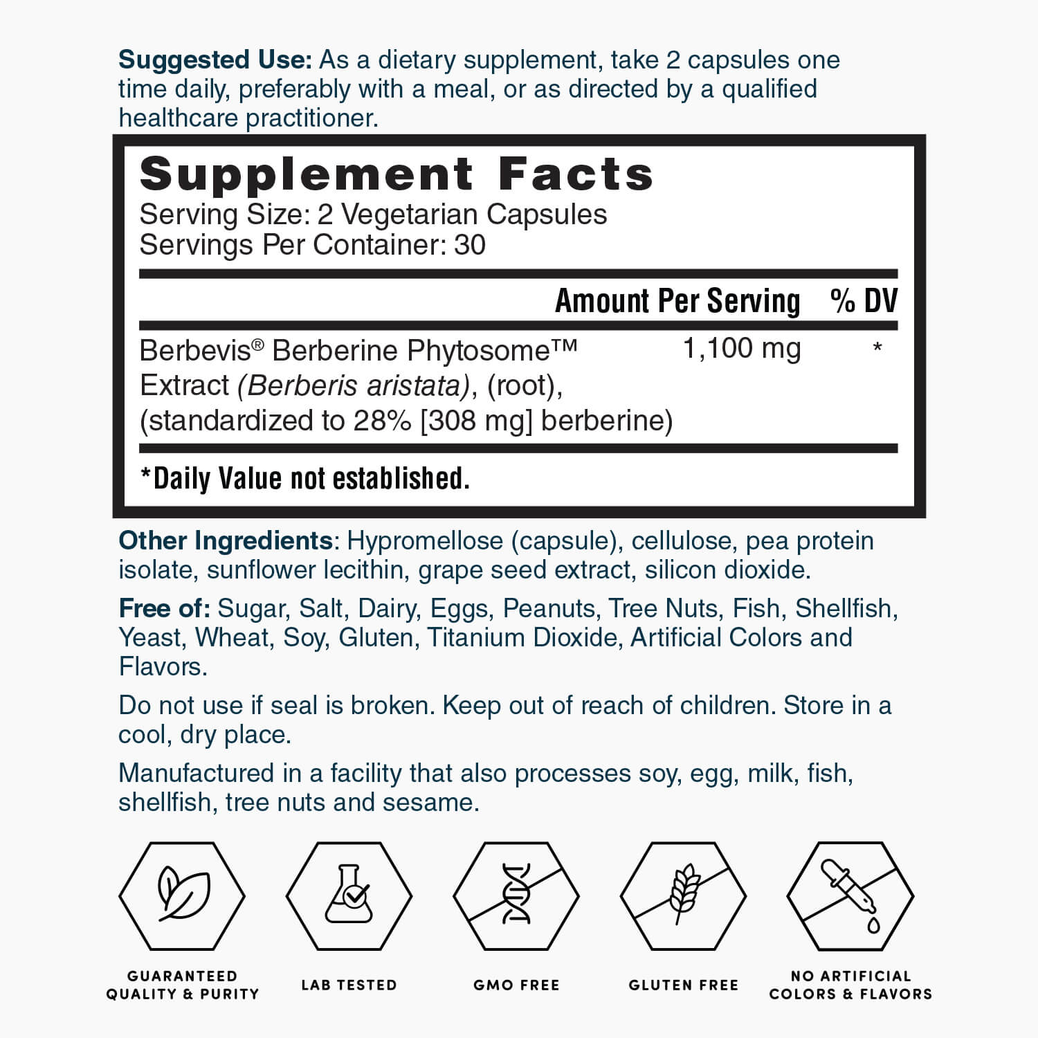 Supplement Facts panel for berberine phytosome capsules, serving size 2