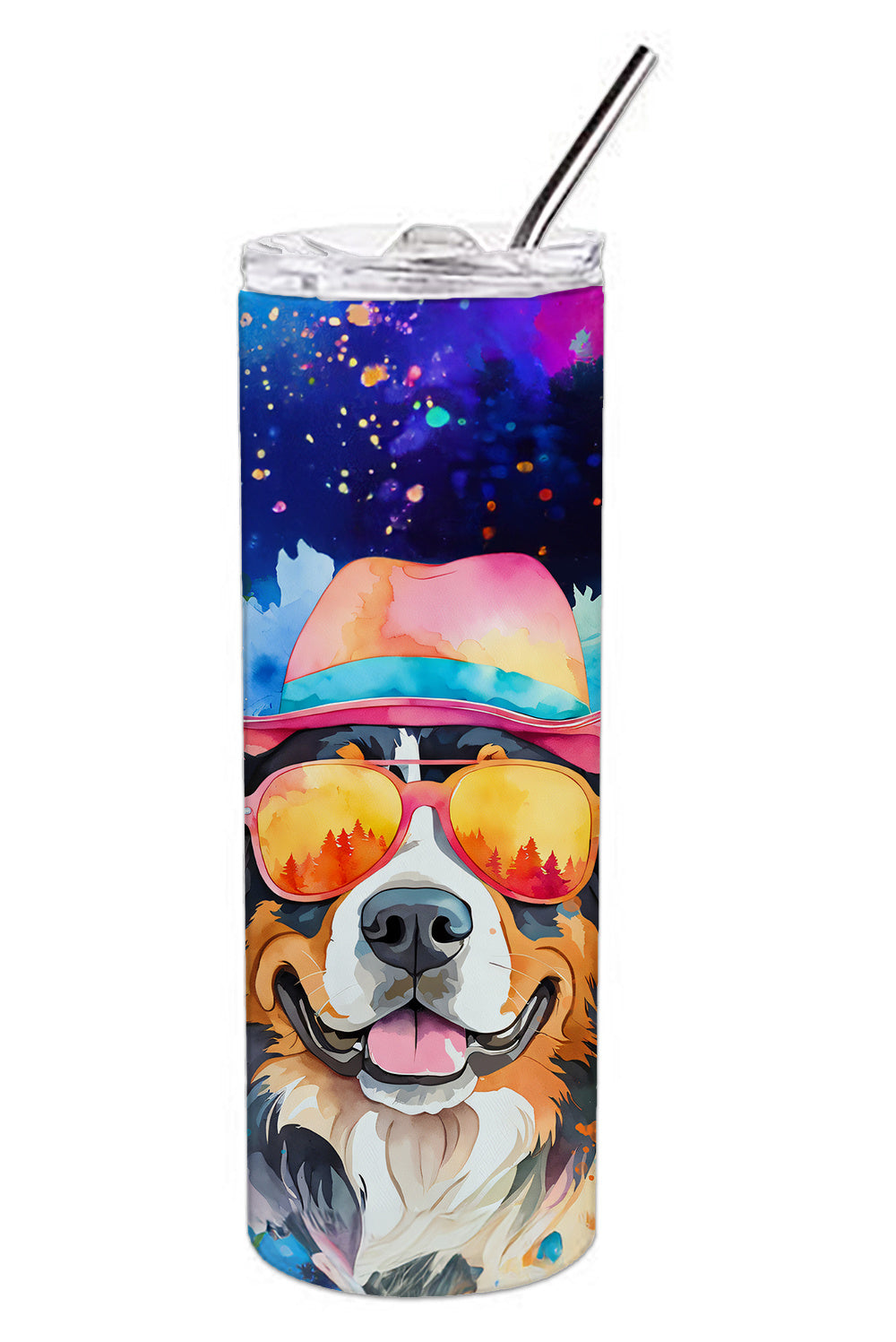 Bernese Mountain Dog Hippie Dawg Stainless Steel Skinny Tumbler Vacuum Double Walled Reusable Insulated Tumbler Travel Cup for Coffee Cocktails Gift with Lid, 20 oz - Renee Lane Company