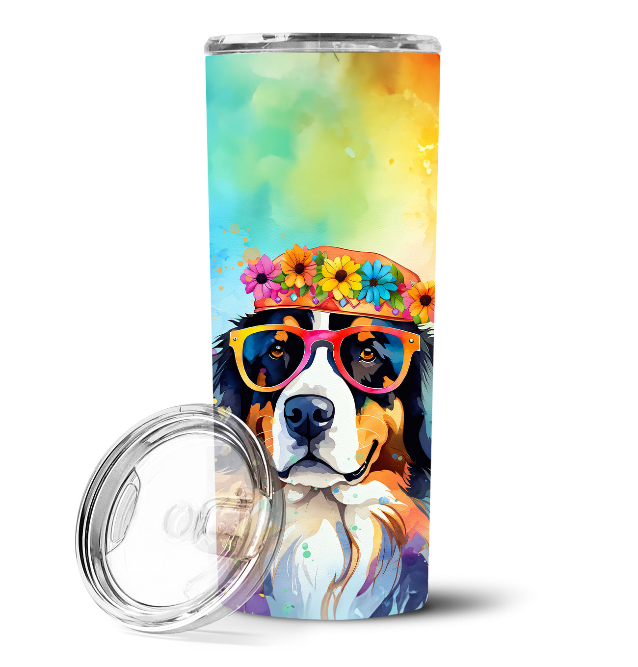 Bernese Mountain Dog Hippie Dawg Stainless Steel Skinny Tumbler Vacuum Double Walled Reusable Insulated Tumbler Travel Cup for Coffee Cocktails Gift with Lid, 20 oz - Renee Lane Company