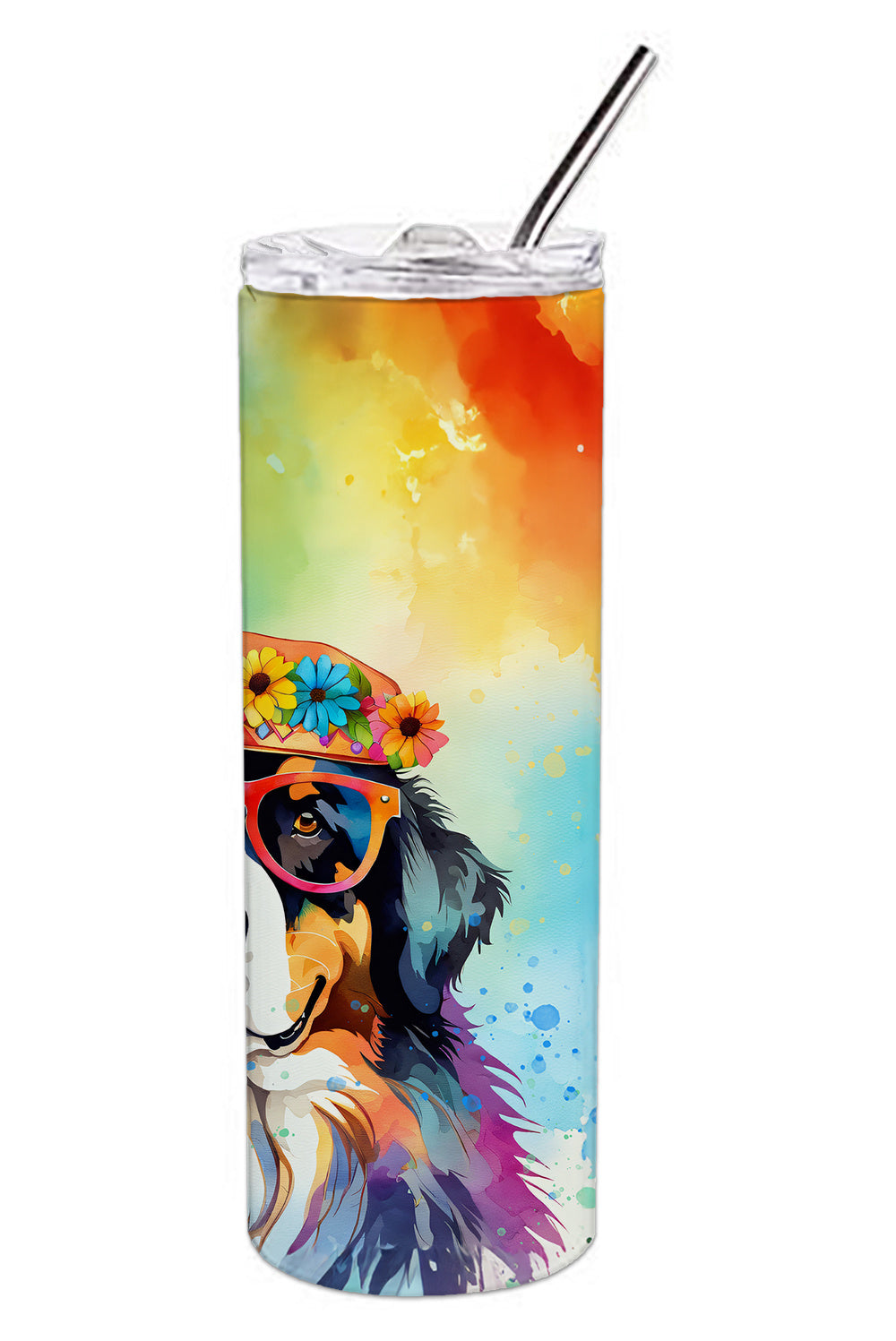 Bernese Mountain Dog Hippie Dawg Stainless Steel Skinny Tumbler Vacuum Double Walled Reusable Insulated Tumbler Travel Cup for Coffee Cocktails Gift with Lid, 20 oz - Renee Lane Company