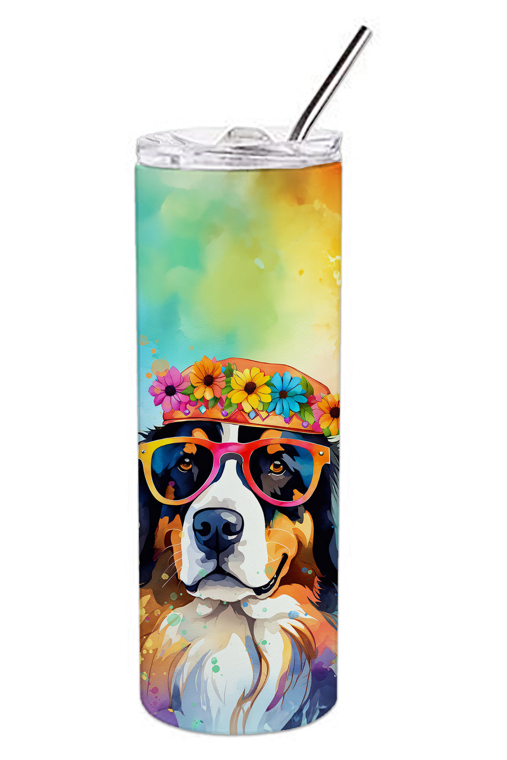 Bernese Mountain Dog Hippie Dawg Stainless Steel Skinny Tumbler Vacuum Double Walled Reusable Insulated Tumbler Travel Cup for Coffee Cocktails Gift with Lid, 20 oz - Renee Lane Company