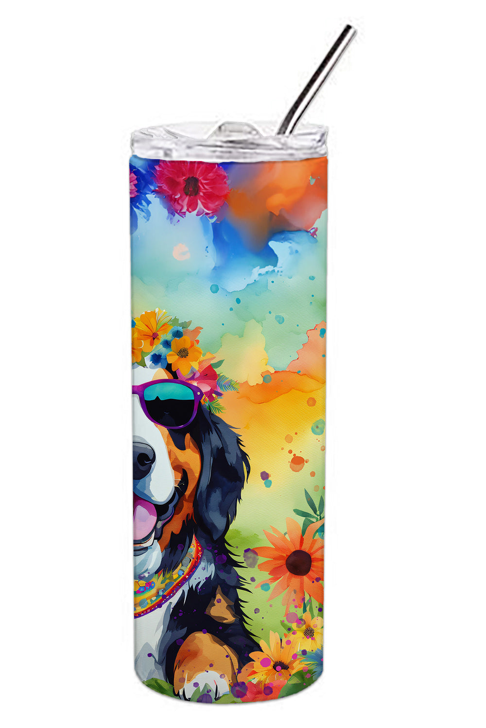 Bernese Mountain Dog Hippie Dawg Stainless Steel Skinny Tumbler Vacuum Double Walled Reusable Insulated Tumbler Travel Cup for Coffee Cocktails Gift with Lid, 20 oz - Renee Lane Company