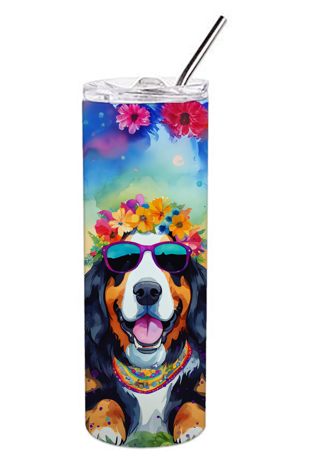 Bernese Mountain Dog Hippie Dawg Stainless Steel Skinny Tumbler Vacuum Double Walled Reusable Insulated Tumbler Travel Cup for Coffee Cocktails Gift with Lid, 20 oz - Renee Lane Company
