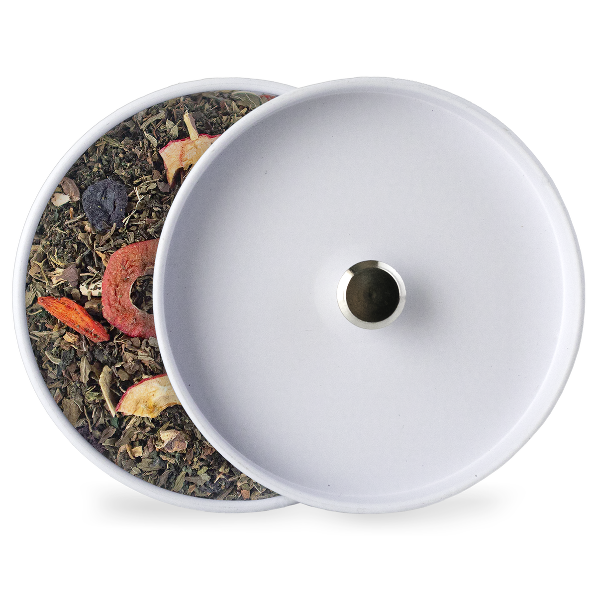Loose berry tea blend in a white lidded container, visible dried fruit pieces