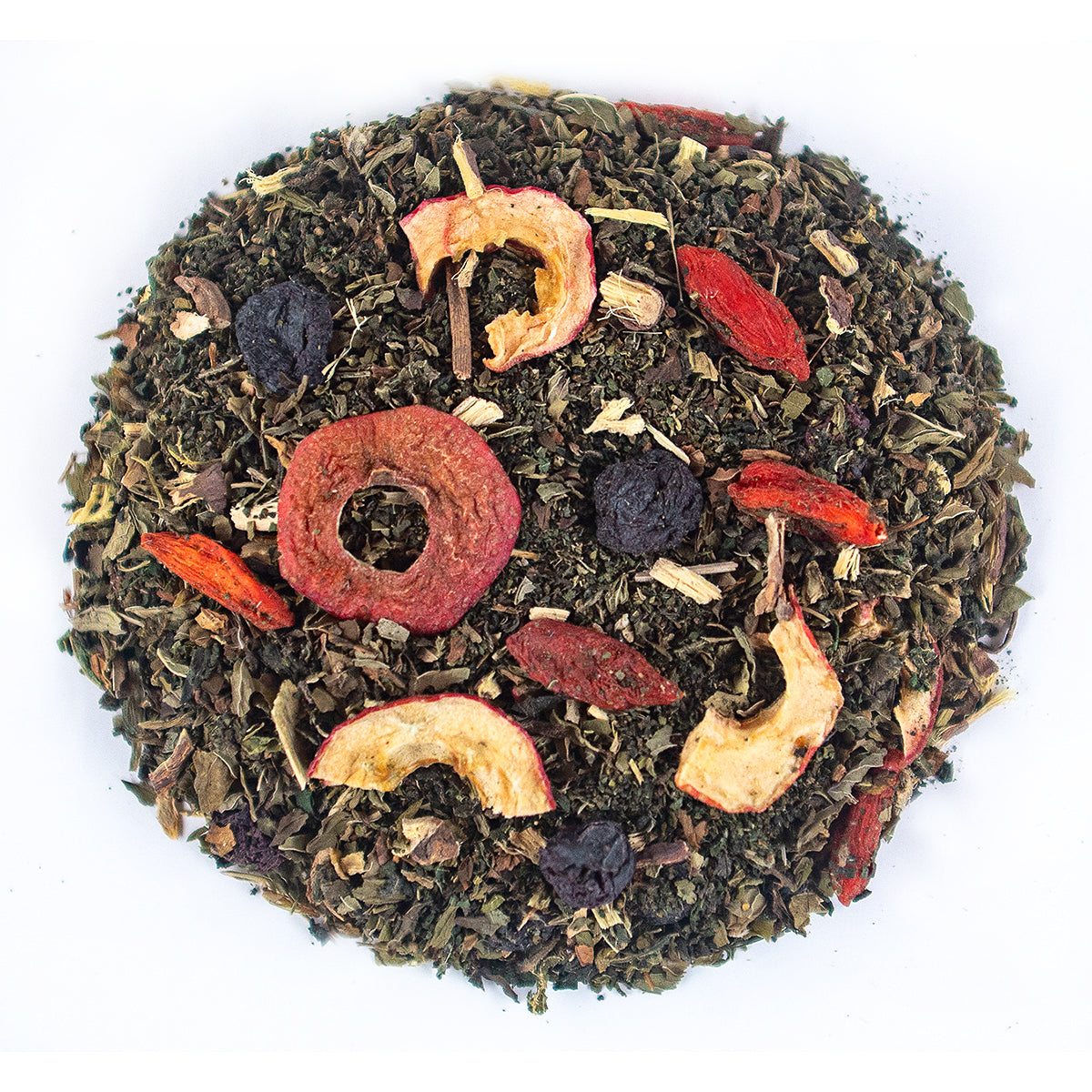 Loose green tea blend with red and yellow dried fruit slices and dark berries