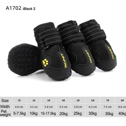 Black waterproof reflective dog boots with side mesh panels and hook straps
