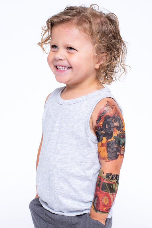 Big Wheels Full Sleeve Tattoo - Temporary Kids Tattoo Sleeve - Renee Lane Company
