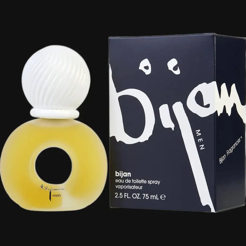 Men's eau de toilette spray bottle with white ribbed cap and yellow glass, with box