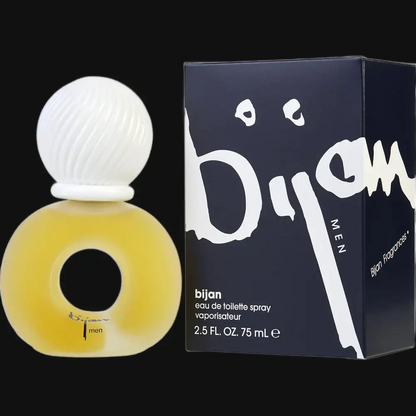 Men's eau de toilette spray bottle with white ribbed cap and yellow glass, with box