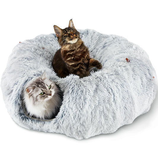 Bininl Cat Tunnel Bed for Indoor Cats Peekaboo Cat Cave Donut Tunnel for Cat with Washable Circle Cushion Interior Cat Play Tunnel (34 Inch Grey) - Renee Lane Company
