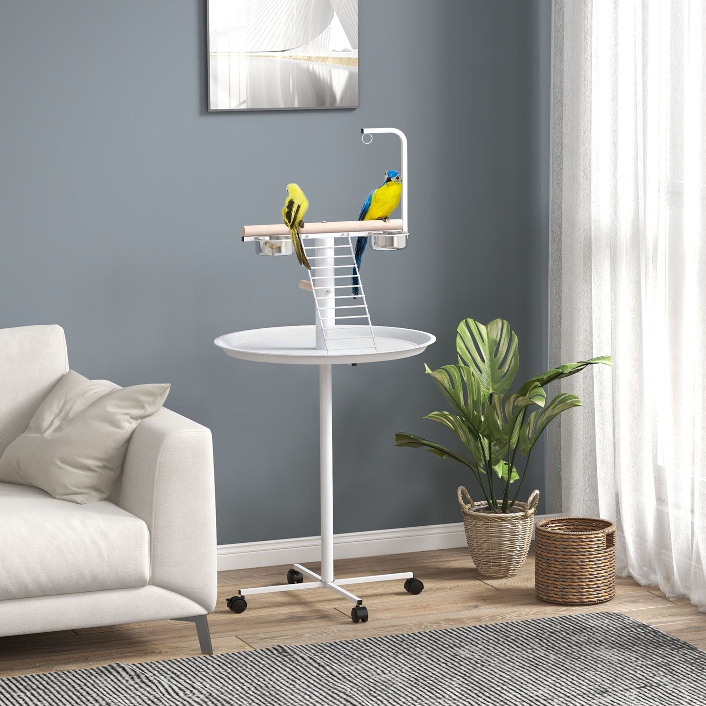 Bird Stand with Wheels, Perches, Feed Bowls, Round Tray for Parrot - Renee Lane Company