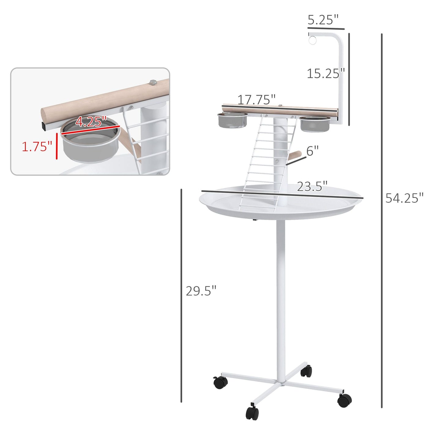 Bird Stand with Wheels, Perches, Feed Bowls, Round Tray for Parrot - Renee Lane Company