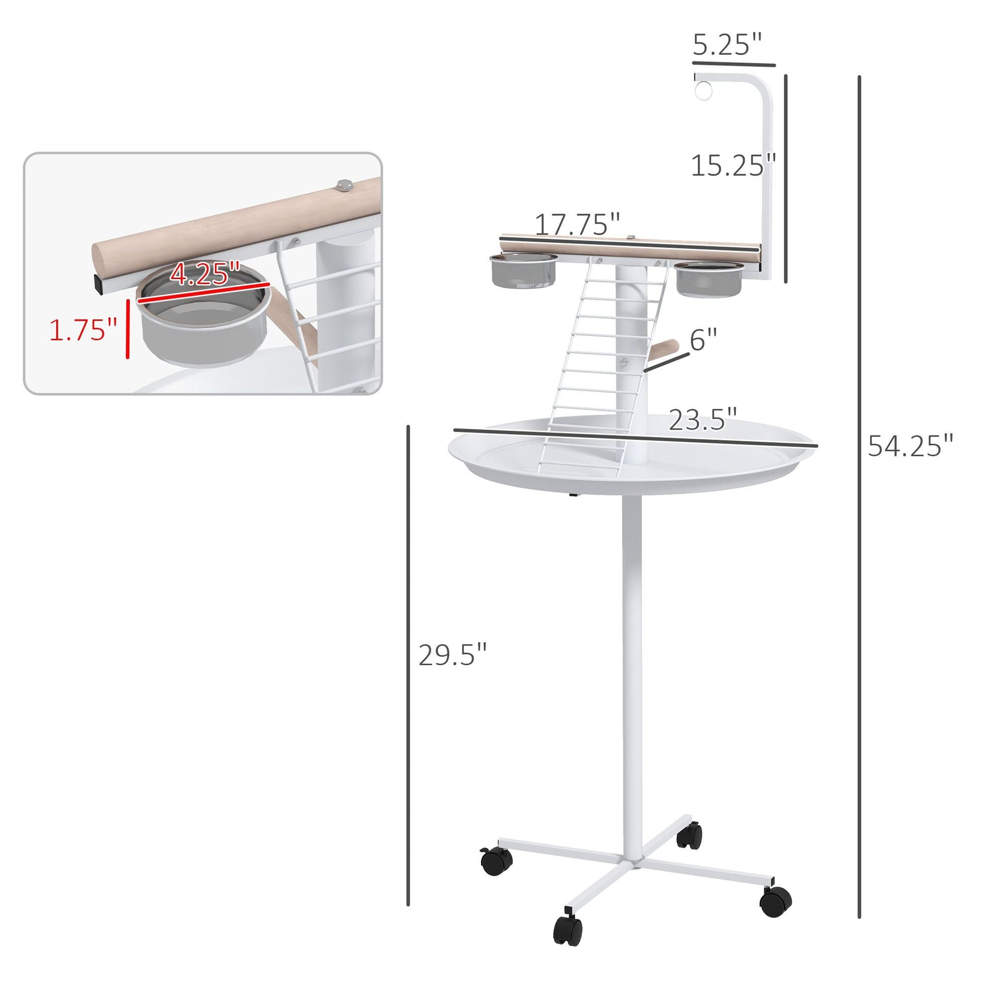 Bird Stand with Wheels, Perches, Feed Bowls, Round Tray for Parrot - Renee Lane Company