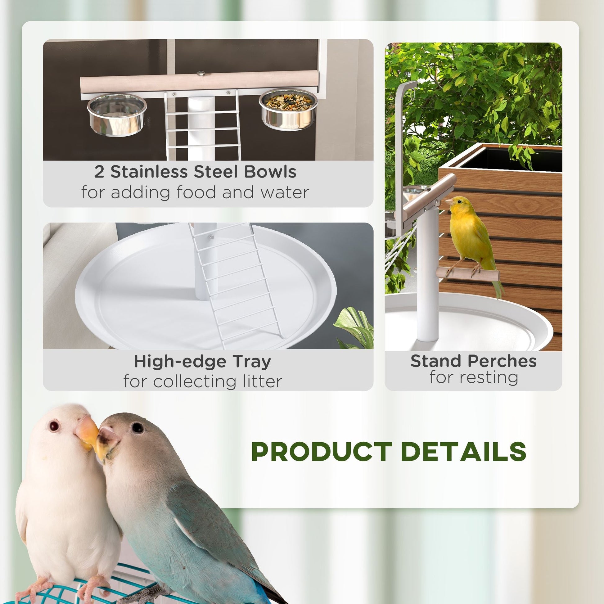 Bird Stand with Wheels, Perches, Feed Bowls, Round Tray for Parrot - Renee Lane Company