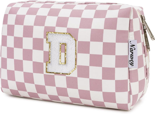 Birthday Gifts for Teen Girls Kids Women Personalized Initial Checkered Makeup Bag Pink Monogram Cosmetic Bag Trendy Stuff - Renee Lane Company