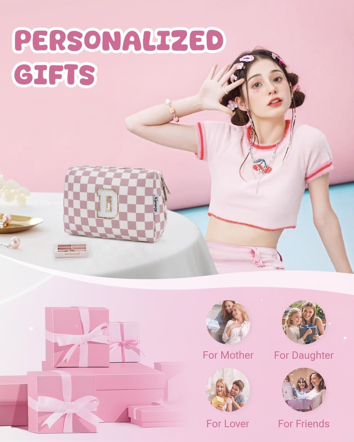 Birthday Gifts for Teen Girls Kids Women Personalized Initial Checkered Makeup Bag Pink Monogram Cosmetic Bag Trendy Stuff - Renee Lane Company