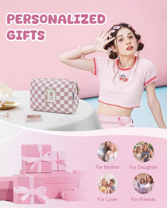 Birthday Gifts for Teen Girls Kids Women Personalized Initial Checkered Makeup Bag Pink Monogram Cosmetic Bag Trendy Stuff - Renee Lane Company