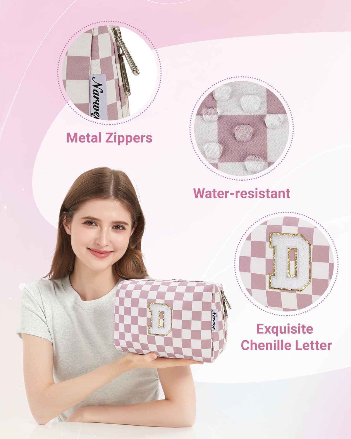 Birthday Gifts for Teen Girls Kids Women Personalized Initial Checkered Makeup Bag Pink Monogram Cosmetic Bag Trendy Stuff - Renee Lane Company