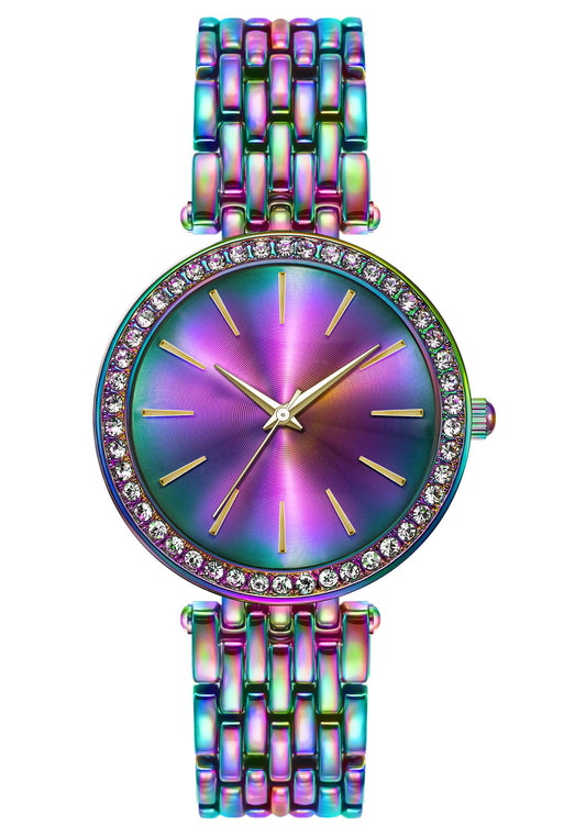 Bisley 36MM Rainbow Watch for Womens Iridescent Metal Bands Colorful Dial Fashion Waterproof Analog Quartz Watch - Renee Lane Company