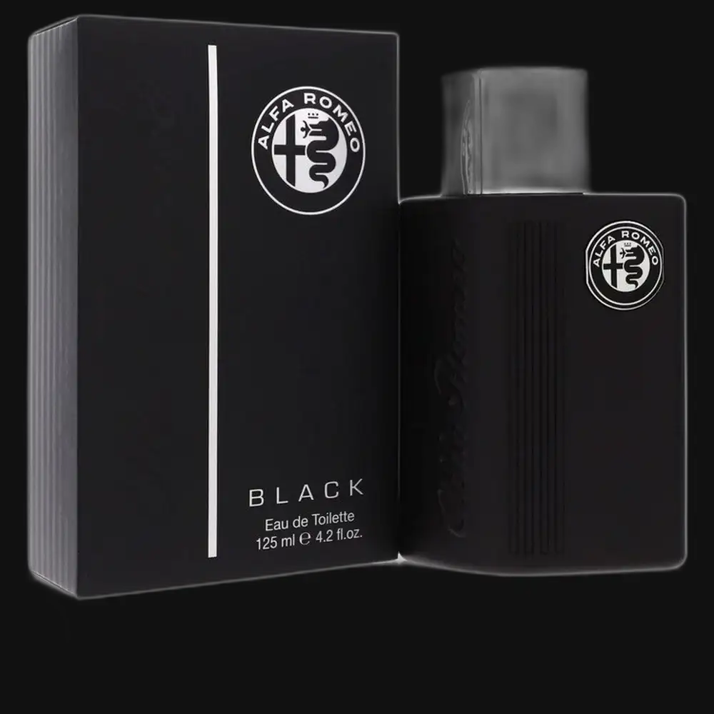 Black Alfa Romeo eau de toilette cologne bottle with black box and label
