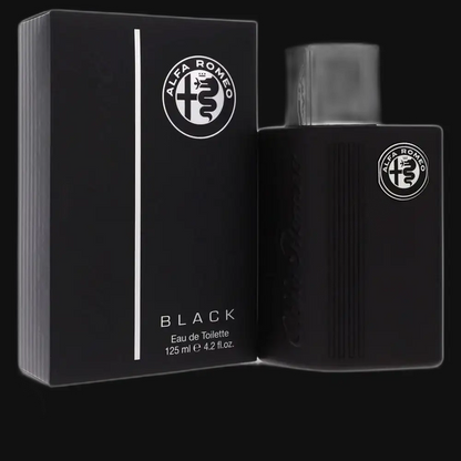 Black Alfa Romeo eau de toilette cologne bottle with black box and label