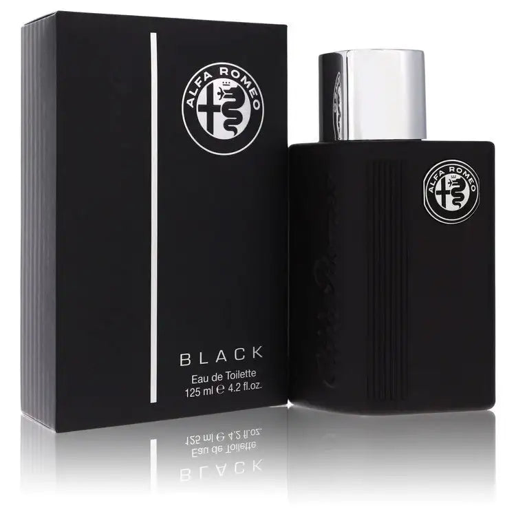 Black Alfa Romeo eau de toilette cologne bottle with silver cap and black box