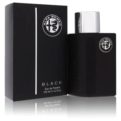 Black Alfa Romeo eau de toilette cologne bottle with silver cap and black box