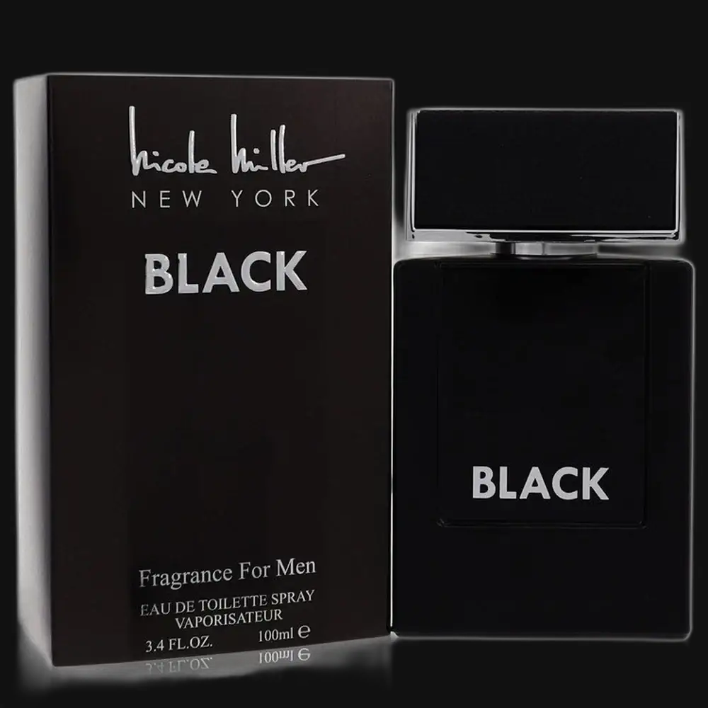 Men's black cologne bottle with open cap and matching BLACK box