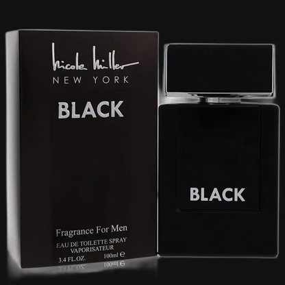 Men's black cologne bottle with open cap and matching BLACK box