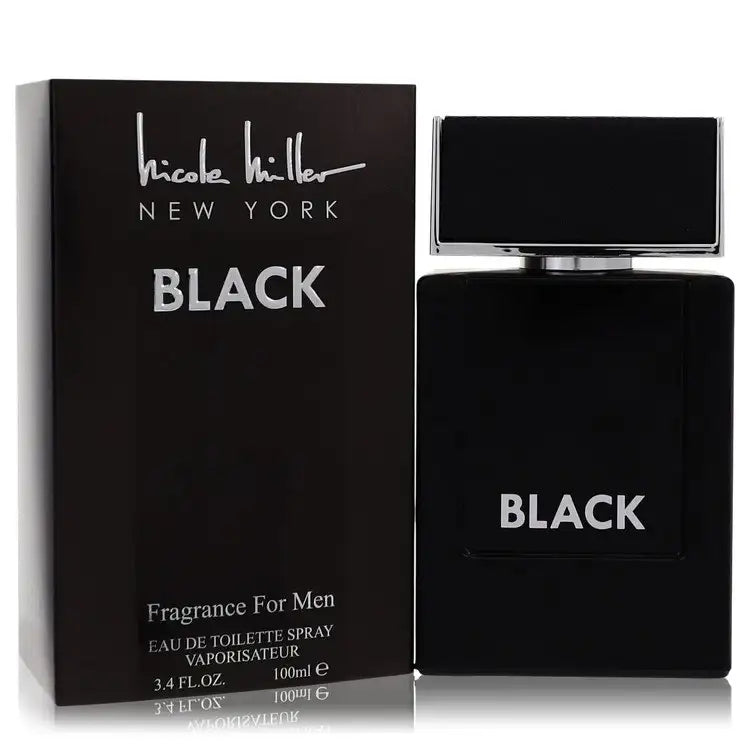 Men's black cologne bottle with open cap beside BLACK gift box
