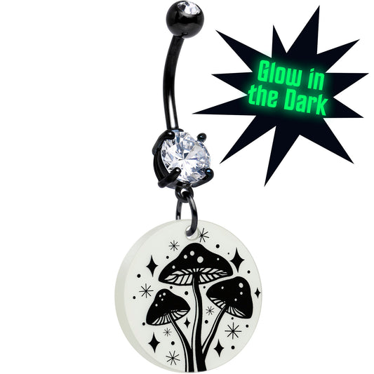 Black Double Gem Glow in the Dark Mystic Mushroom Dangle Belly Ring by Onyx O - Renee Lane Company