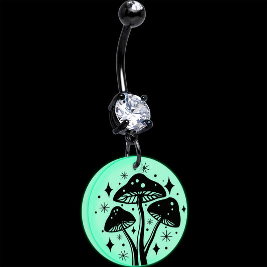 Black Double Gem Glow in the Dark Mystic Mushroom Dangle Belly Ring by Onyx O - Renee Lane Company