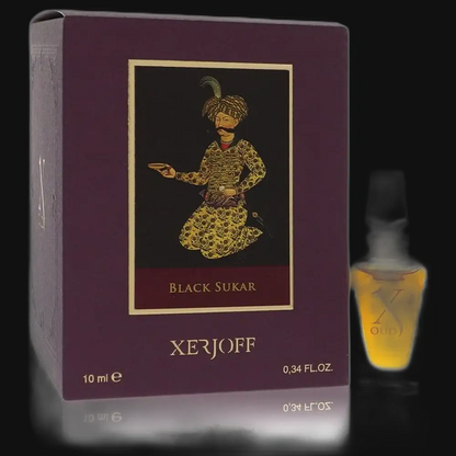 Black Sukar unisex perfume box, 10 ml, with Xerjoff label; partial bottle
