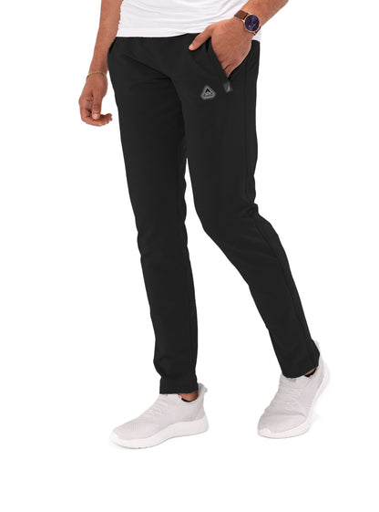 Black tapered athletic sweatpants with elastic waistband and zippered side pockets