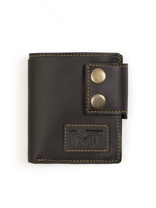 Black bifold leather wallet with metal snap buttons and stitched logo patch