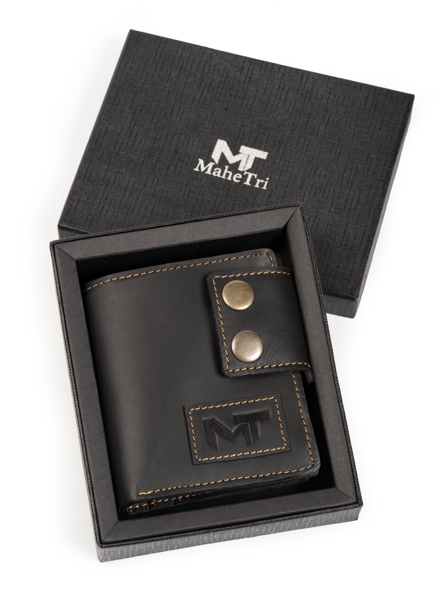 Black leather wallet with two-snap strap and stitched logo patch