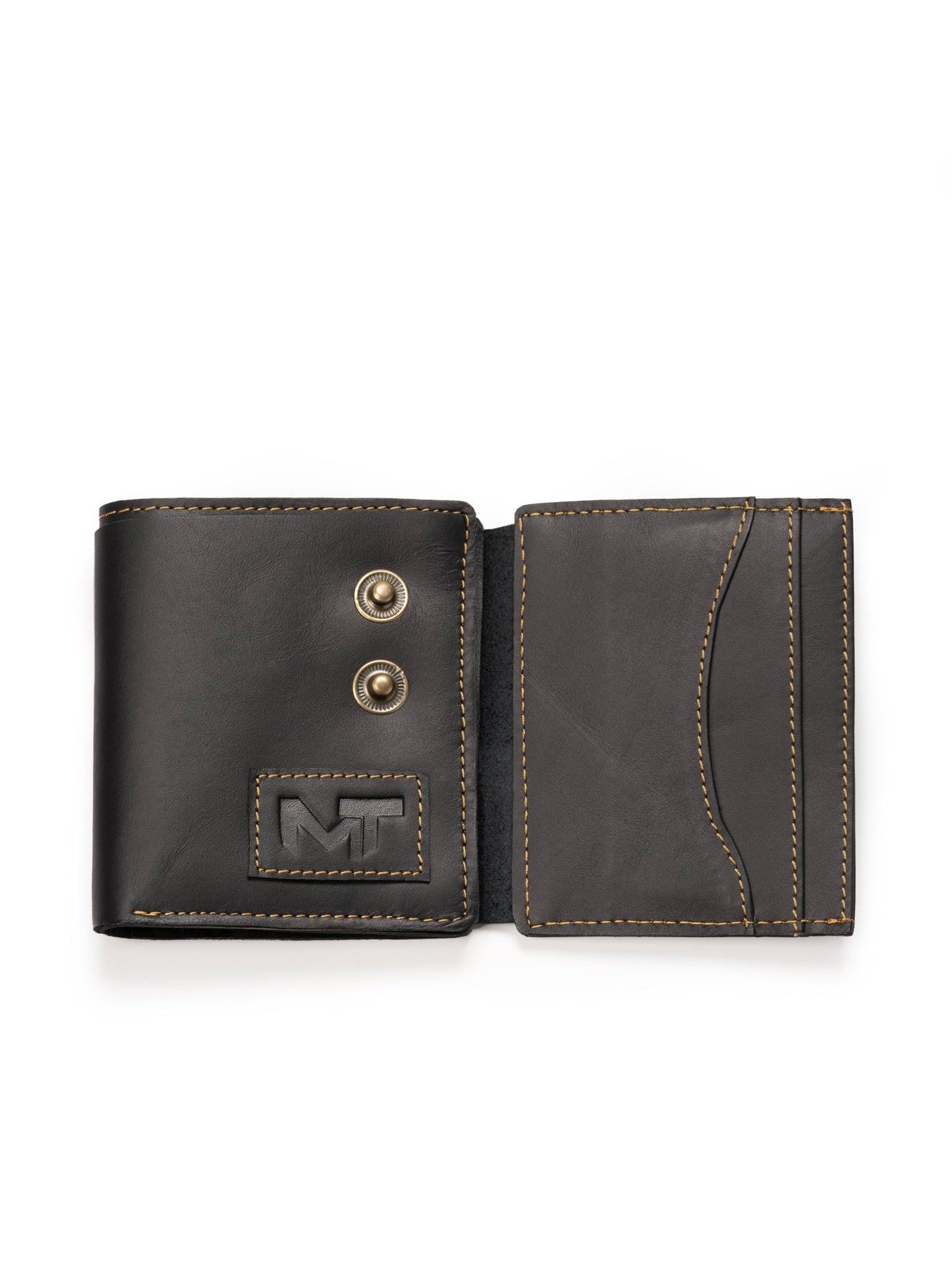Black bifold leather wallet open, showing card pocket and snap button hardware