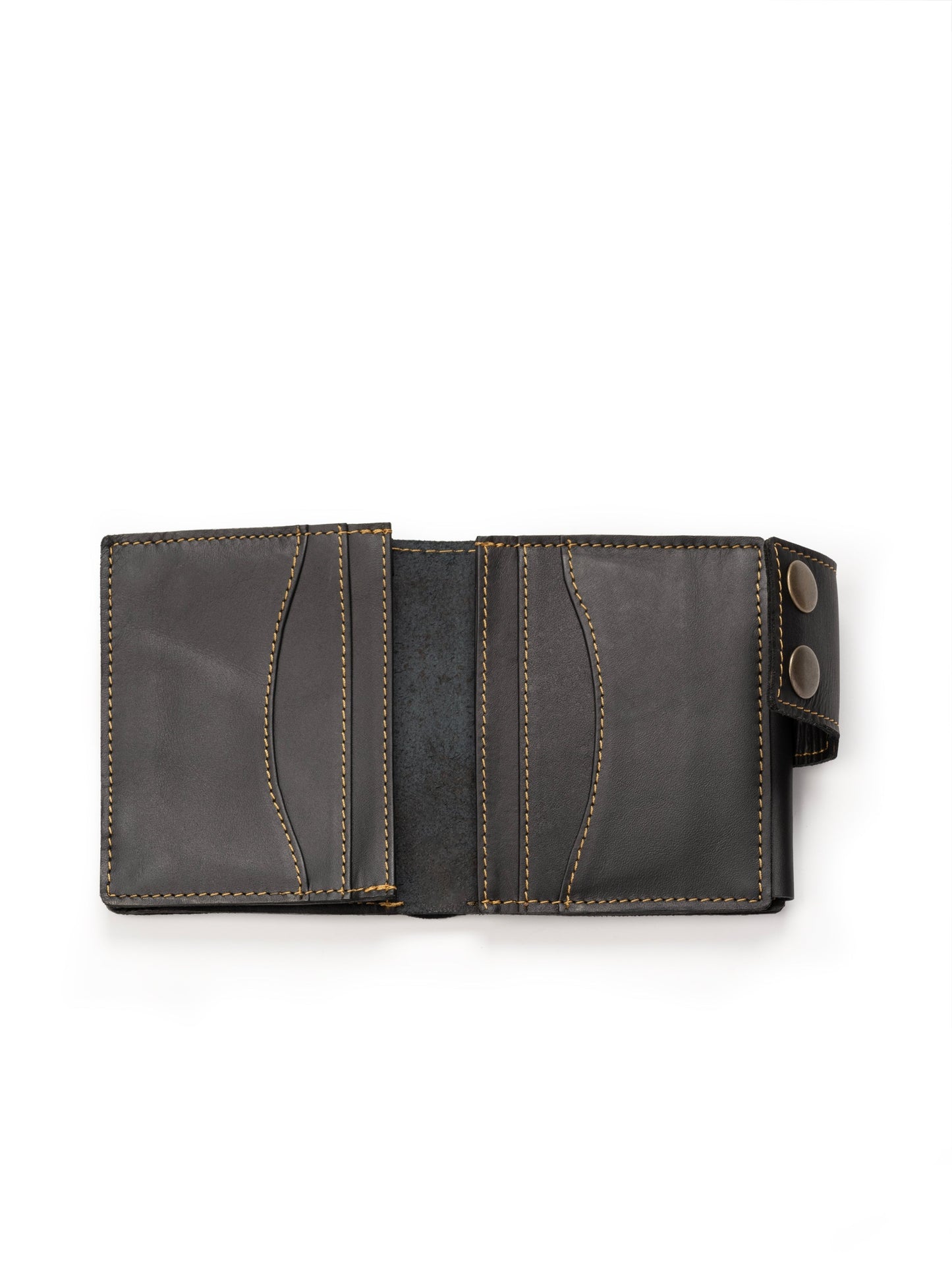 Black leather wallet open view with curved panel stitching and side snap detail