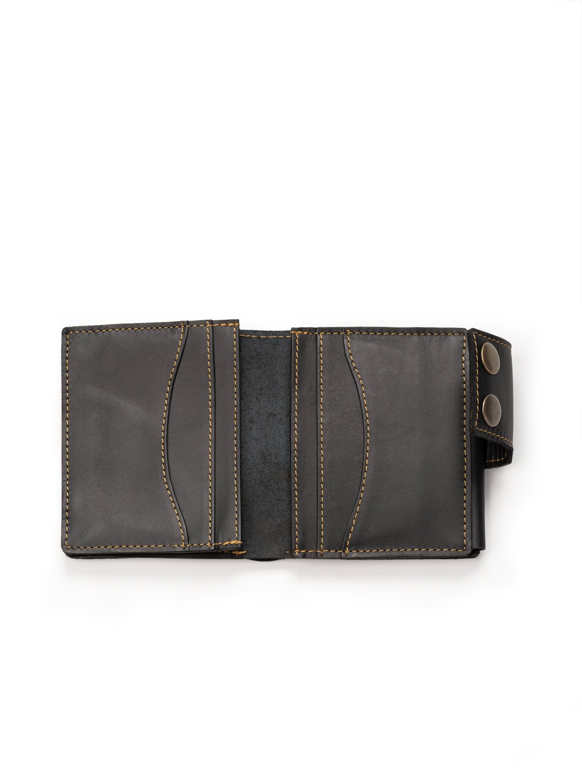 Black leather wallet open view with curved panel stitching and side snap detail