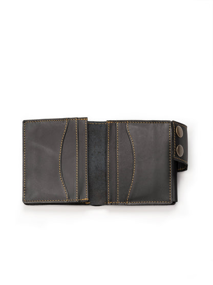 Black leather wallet open view with curved panel stitching and side snap detail