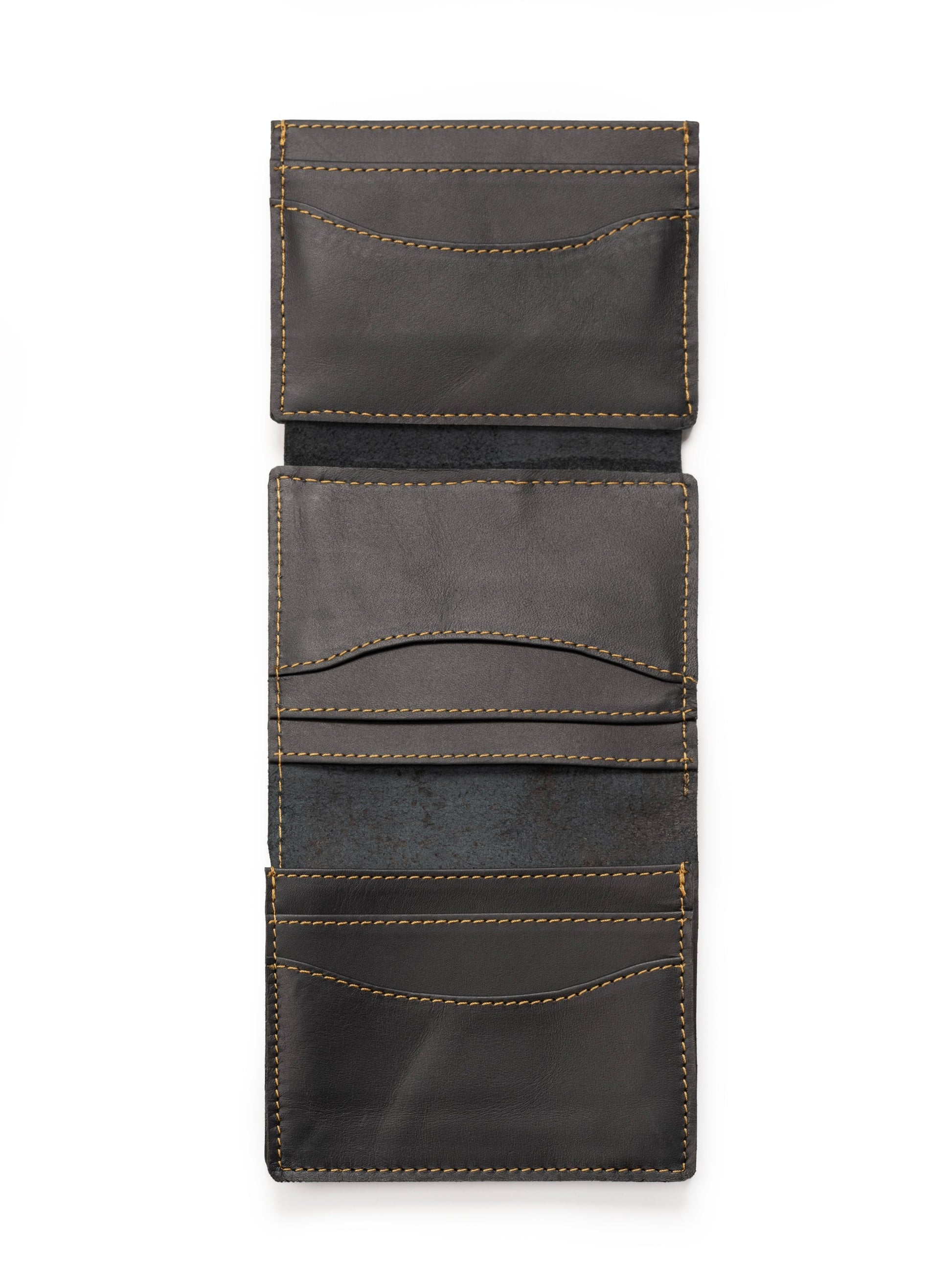 Black leather wallet with multiple card slots and stitched trim across panels
