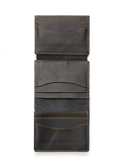 Black leather wallet with multiple card slots and stitched trim across panels