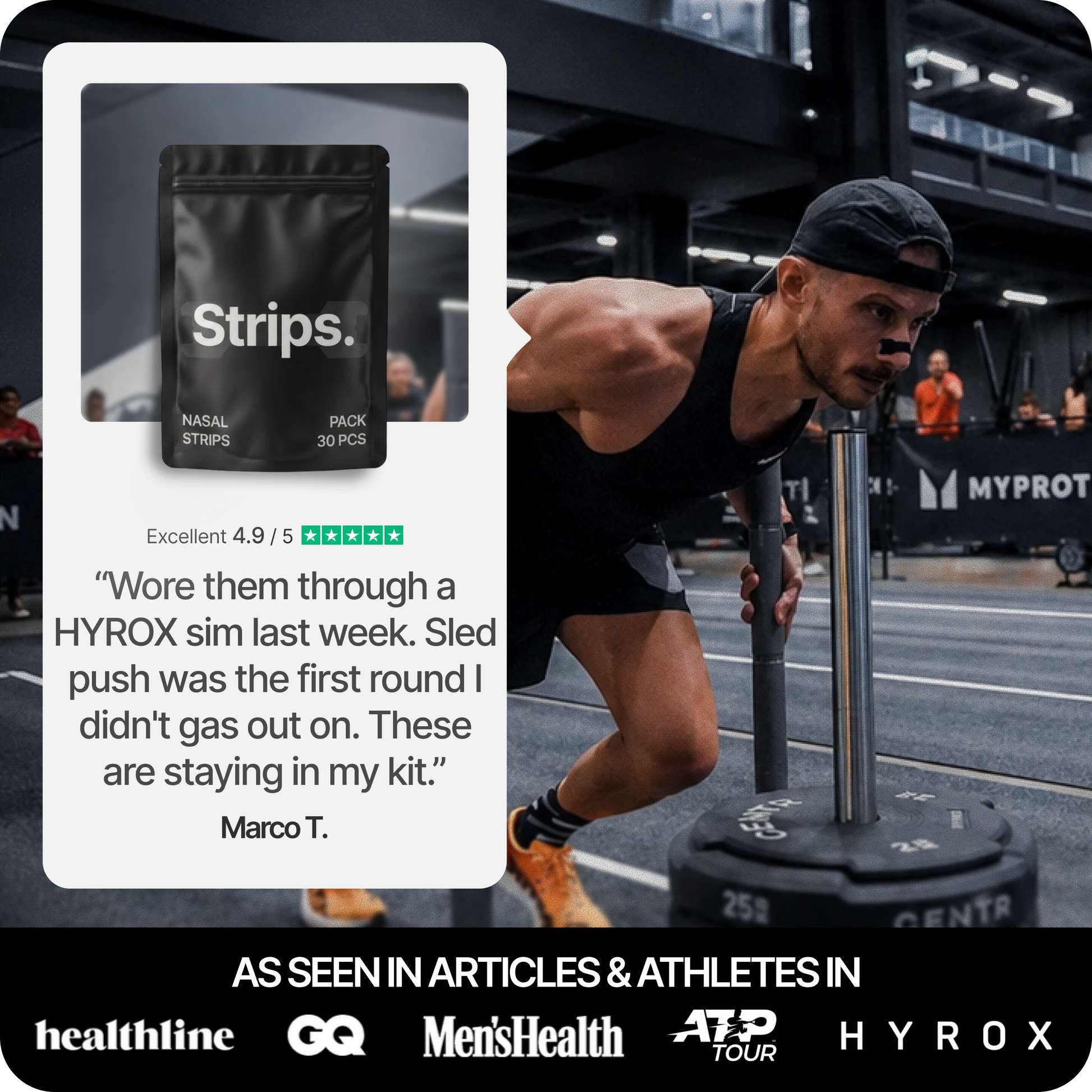 Black nasal strips pouch with customer review quote overlay