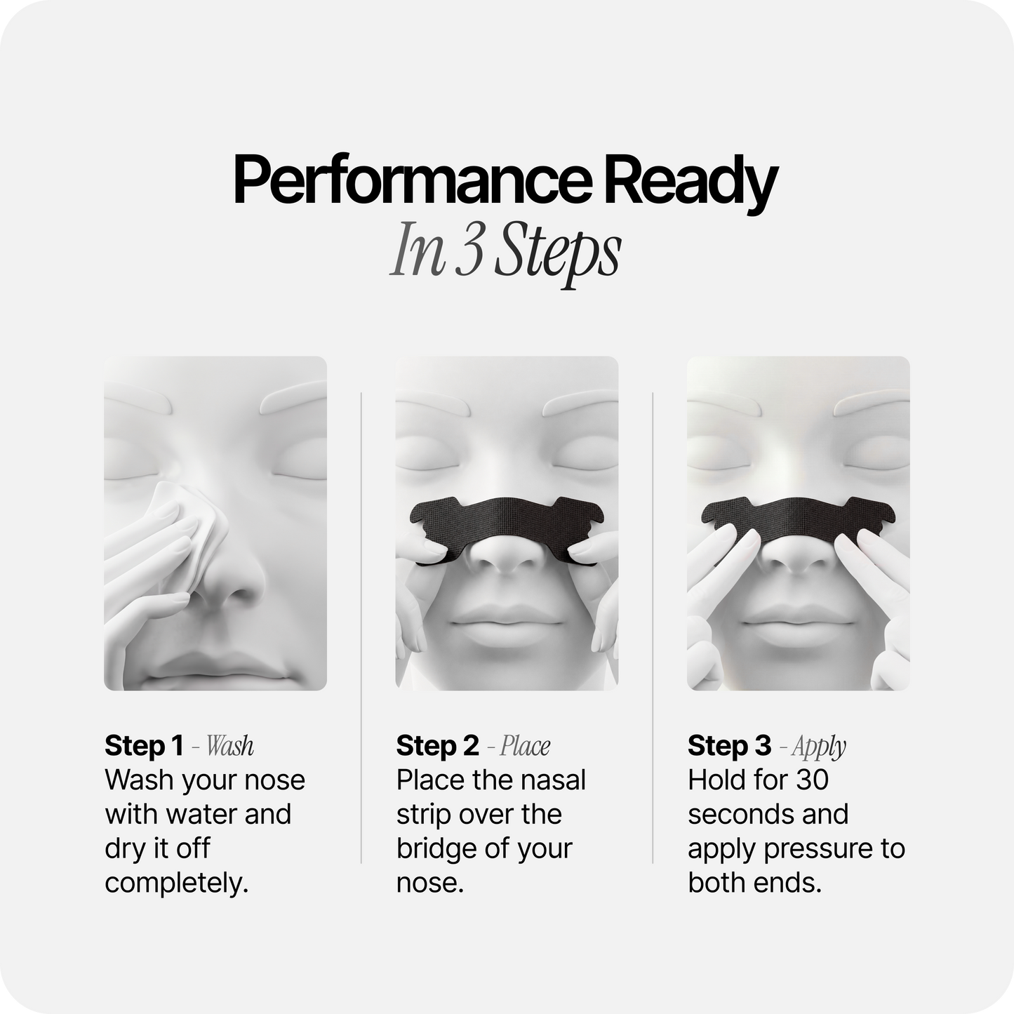 Three-step nasal strip instructions: wash nose, place strip, apply pressure