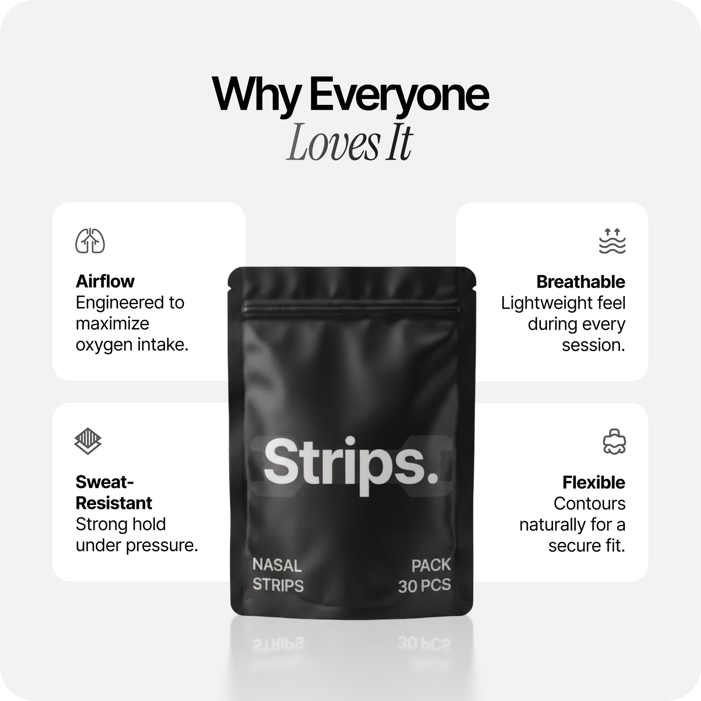 Black nasal strips pouch with airflow, sweat-resistant, and flexible comfort callouts
