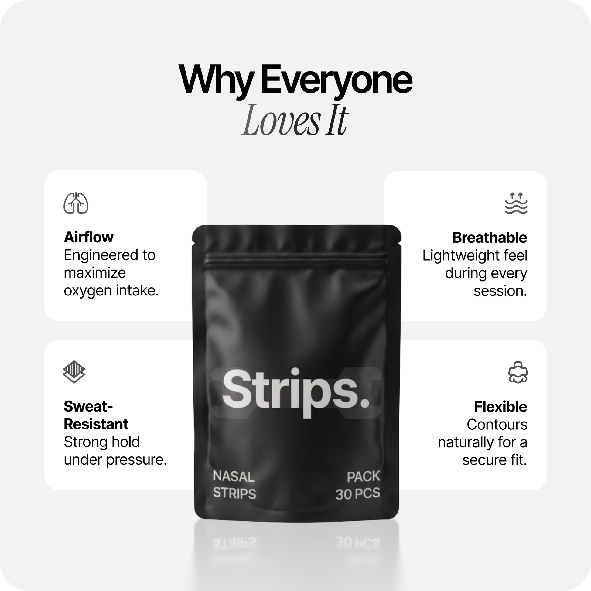 Black nasal strips pouch with airflow, sweat-resistant, and flexible comfort callouts