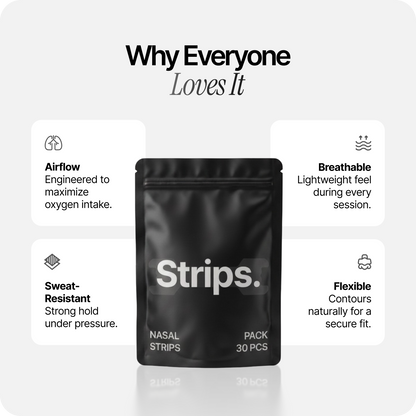 Black nasal strips pouch with airflow, sweat-resistant, and flexible comfort callouts