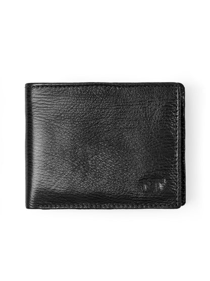 Black leather bi-fold wallet, front view with embossed logo on center panel